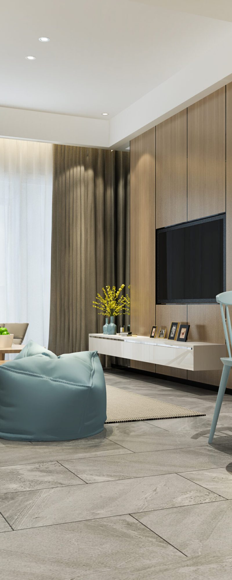 3d rendering loft luxury living room with shelf near dining table